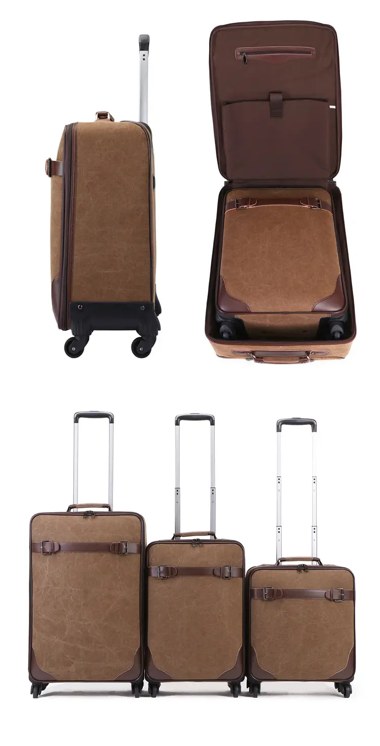 Canvas texture, leather trim and corner guards of the BEARKY CZ1001s suitcase